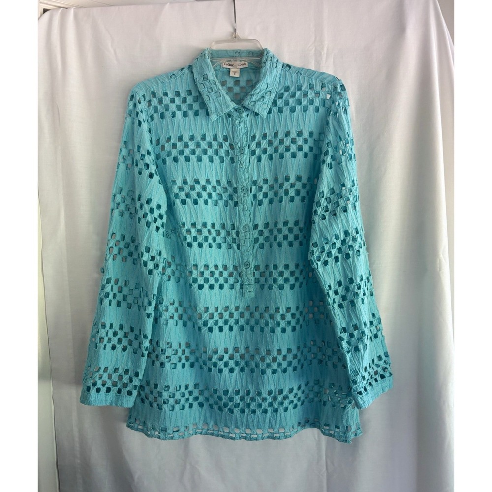 Coldwater Creek Women's Blue Geometric Collared Long Sleeve Button-Up Top XL